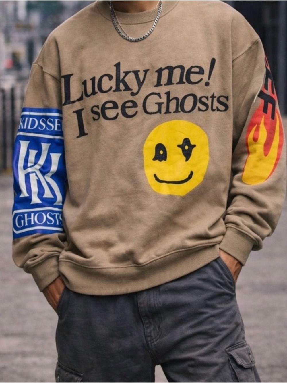 Camp Flog Nog, Lucky Me I See Ghosts Graphic Crewneck Sweatshirt - Tan & Yellow